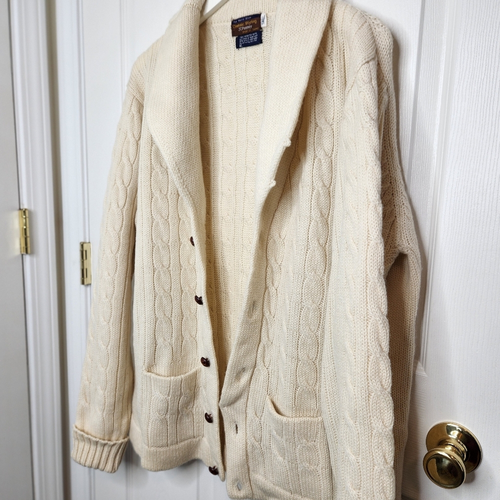 Mens JC Penney 100% Worsted Wool Button Cardigan Sweater Oatmeal Cream XL Tall - Picture 8 of 9